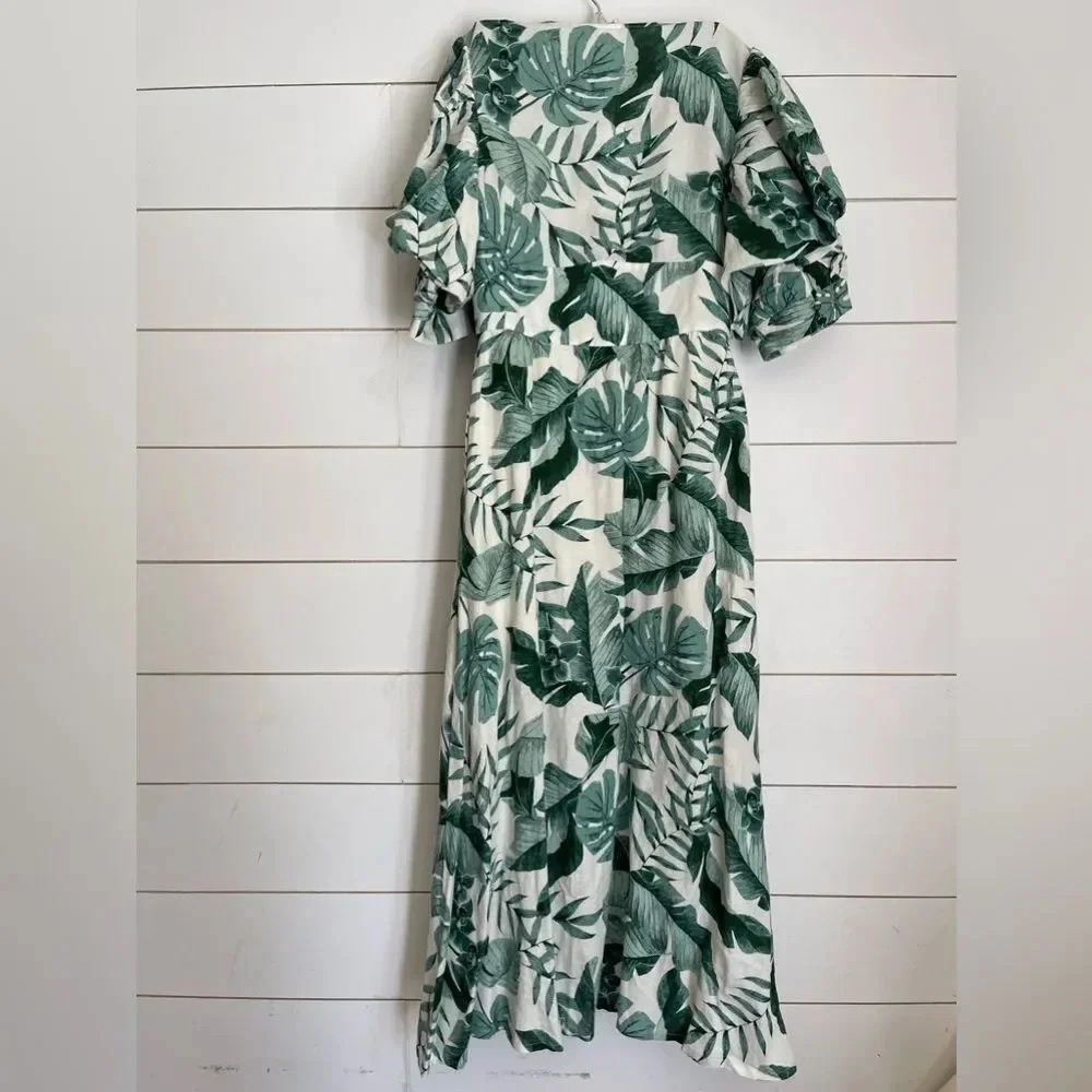 H&M x Johanna Ortiz Green White Linen Leaf Dress - Picture 6 of 11